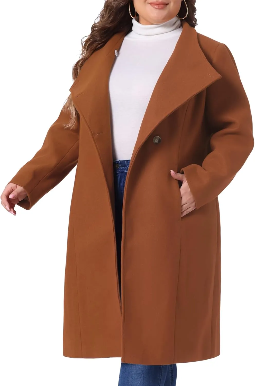 Agnes Orinda Women's Plus Size Overcoat Classic Stand Collar Long Sleeve Outwear Winter Long Trench Coat