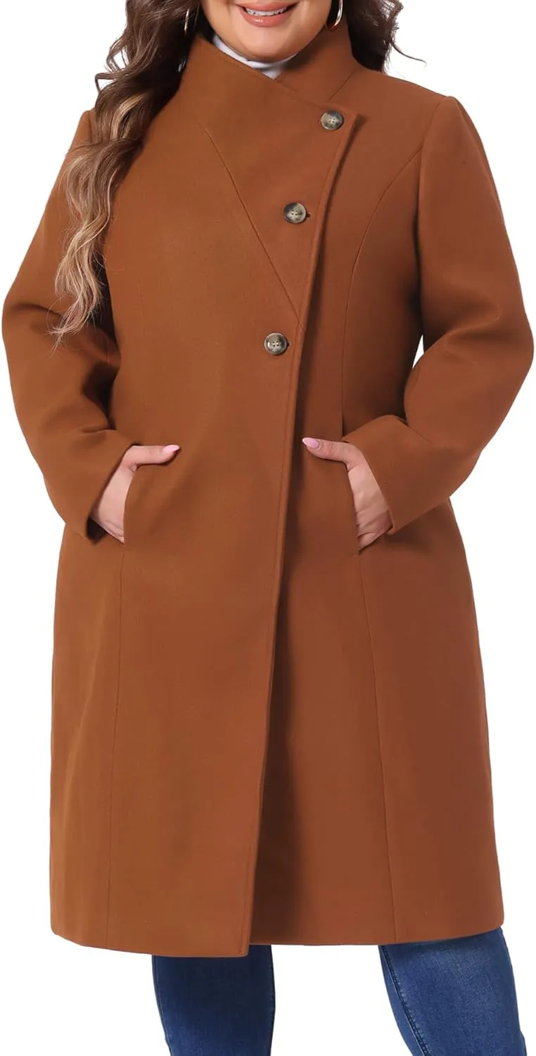 Agnes Orinda Women's Plus Size Overcoat Classic Stand Collar Long Sleeve Outwear Winter Long Trench Coat
