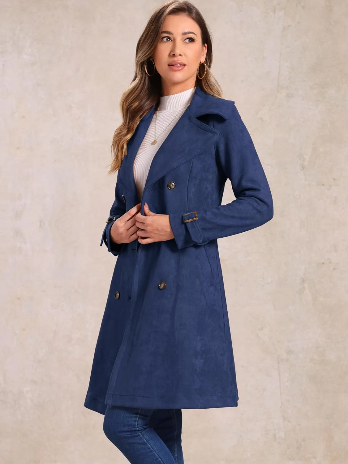 Allegra K Women's Faux Suede Trench Coat Jacket Classic 2023 Fall Winter Double Breasted Overcoat