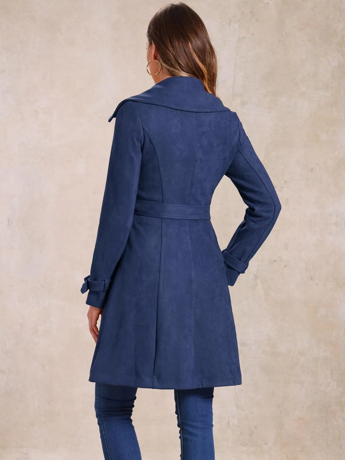 Allegra K Women's Faux Suede Trench Coat Jacket Classic 2023 Fall Winter Double Breasted Overcoat