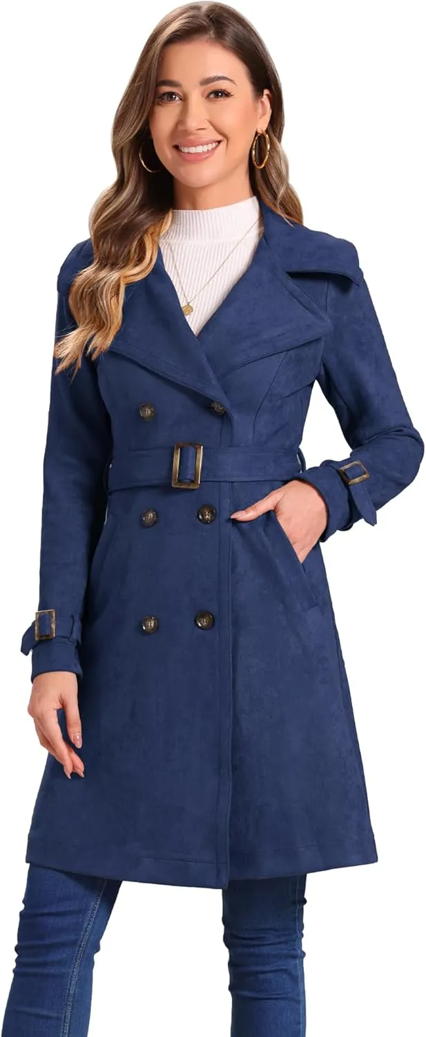 Allegra K Women's Faux Suede Trench Coat Jacket Classic 2023 Fall Winter Double Breasted Overcoat
