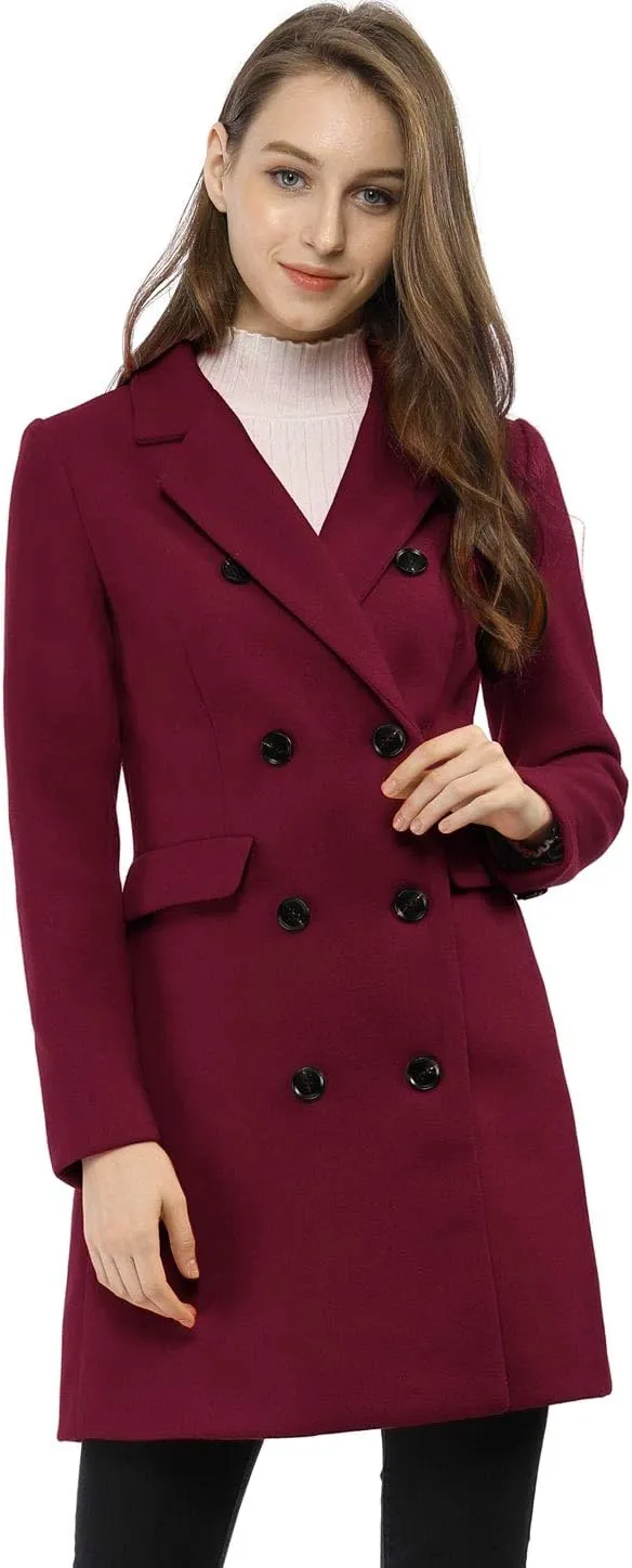 Allegra K Women's Winter Coat Elegant Notched Lapel Double Breasted Trench Coat