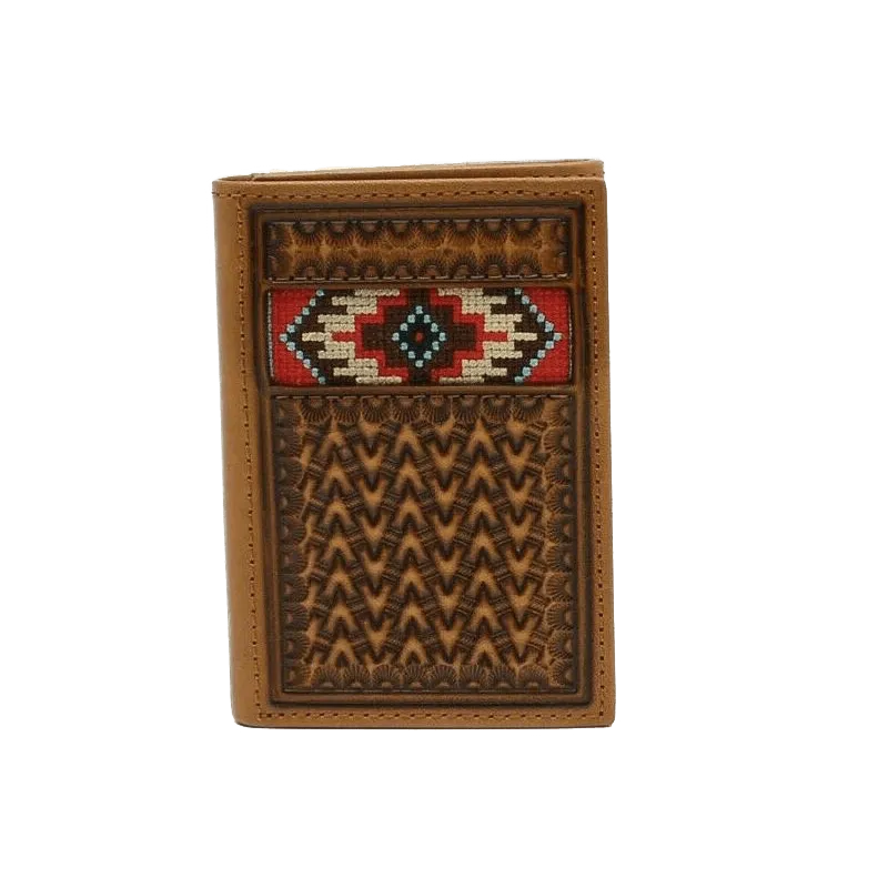 Ariat Brown Basketweave with Aztec Embroidery Tri-Fold Wallet