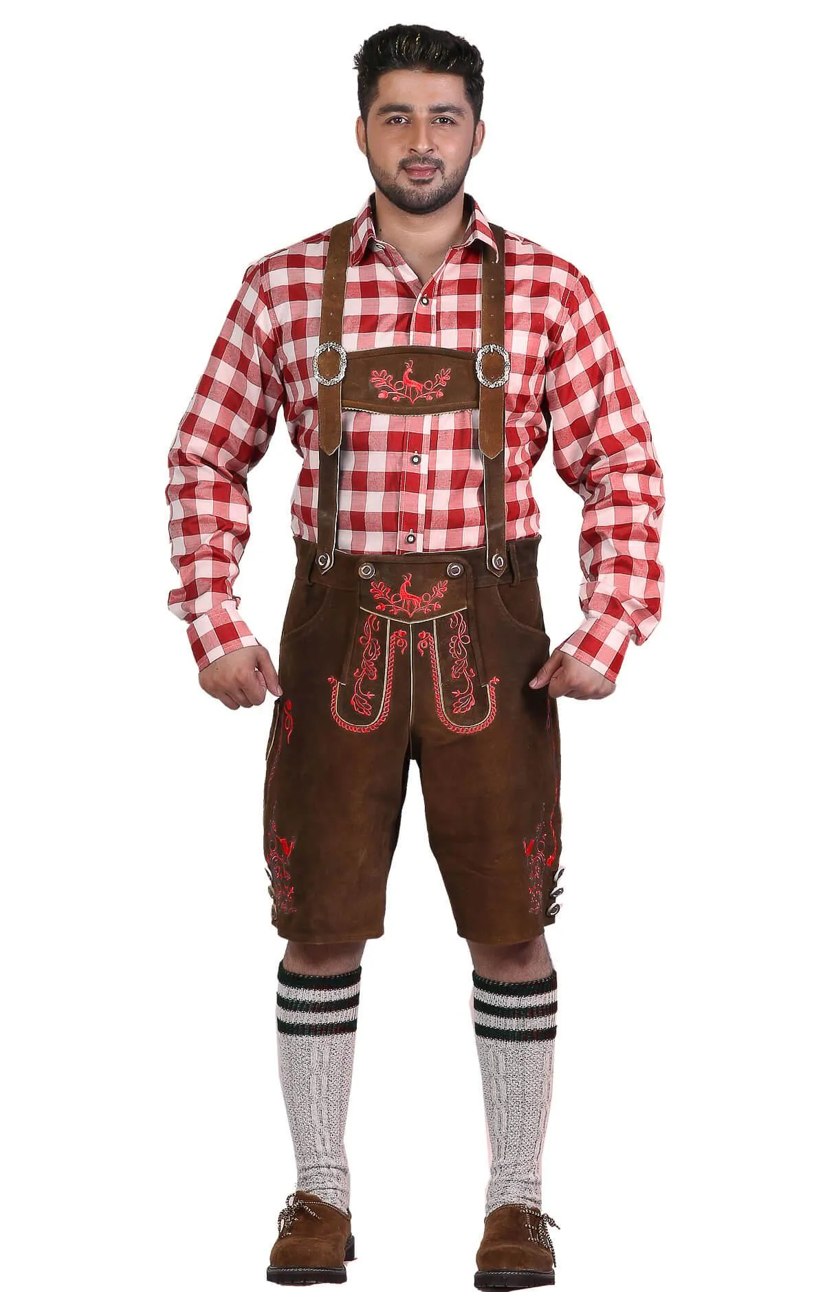 Bavarian Herren Lederhosen Brown Red