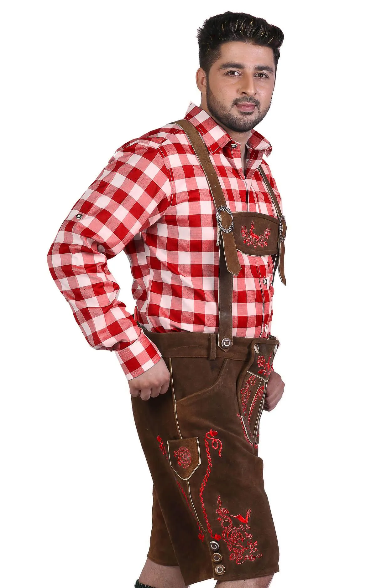 Bavarian Herren Lederhosen Brown Red