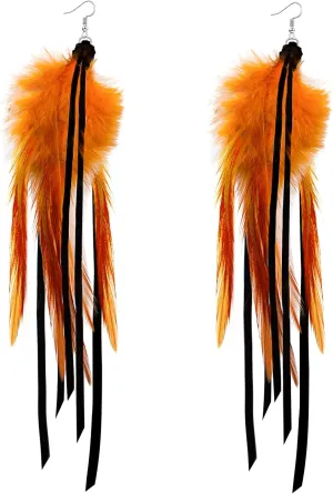 Boho Leather Feather Tassel Fringe Earrings for Women Handmade Cowgirl Earring Dangling Western Style Bohemian Ethnic Statement Long Earrings Jewelry Gifts