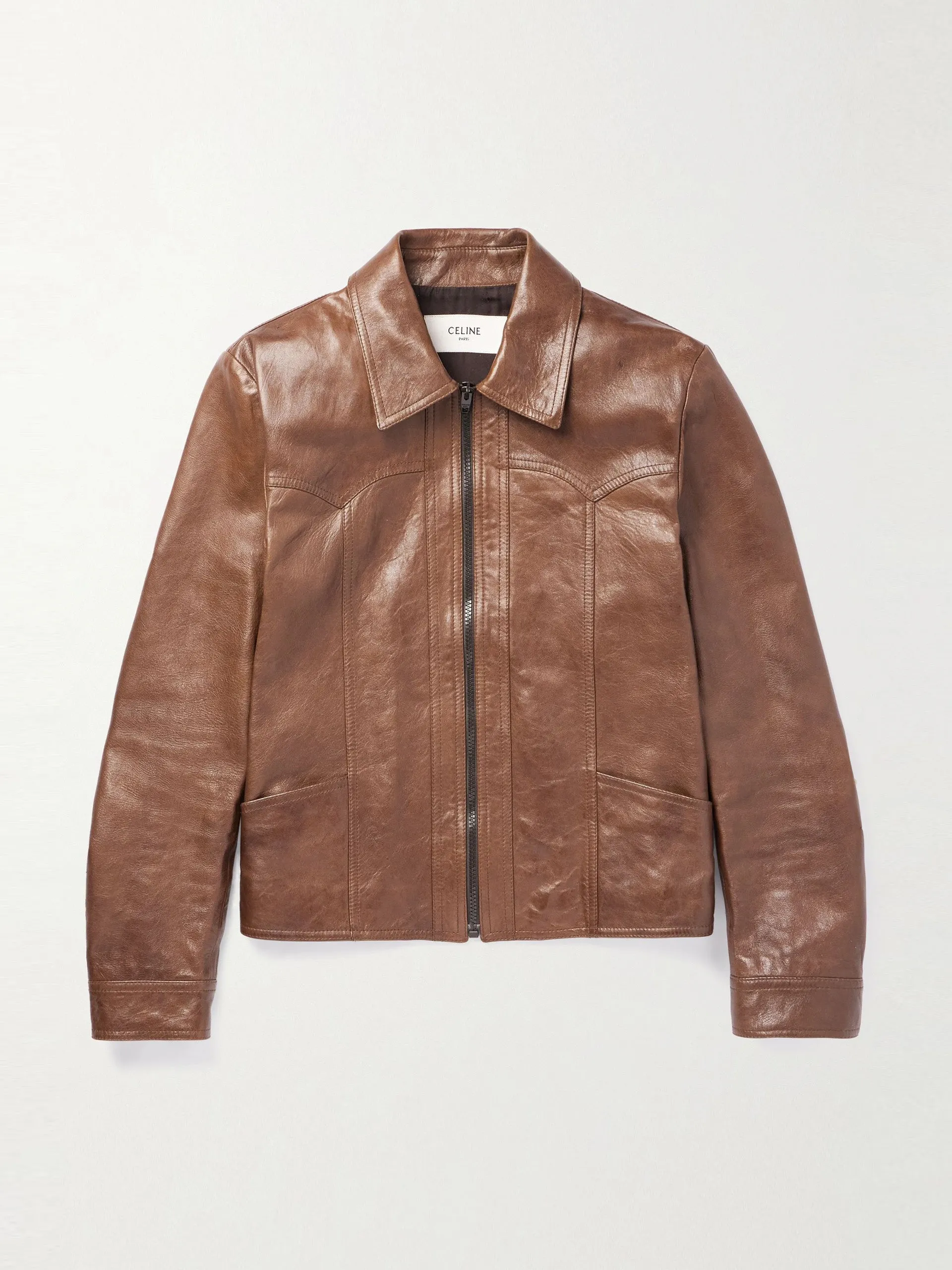 Brown slim-fit leather jacket