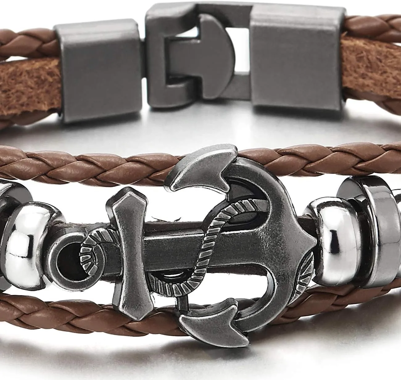 COOLSTEELANDBEYOND Mens Women Anchor Braided Leather Bracelet Multi-Strand Wristband Wrap Bracelet