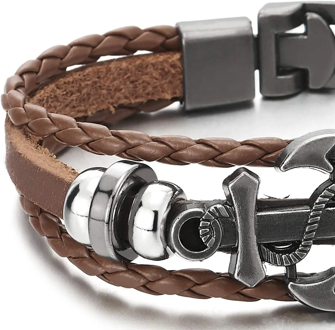 COOLSTEELANDBEYOND Mens Women Anchor Braided Leather Bracelet Multi-Strand Wristband Wrap Bracelet