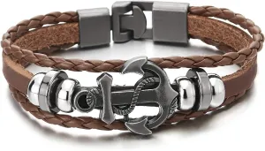 COOLSTEELANDBEYOND Mens Women Anchor Braided Leather Bracelet Multi-Strand Wristband Wrap Bracelet