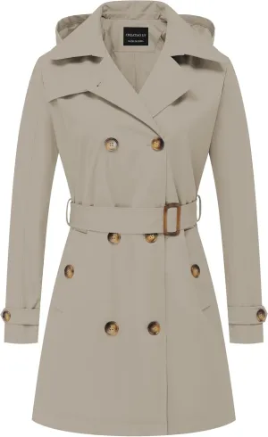 CREATMO US Women's Trench Coat Double-Breasted Classic Lapel Overcoat Belted Slim Outerwear Coat with Detachable Hood