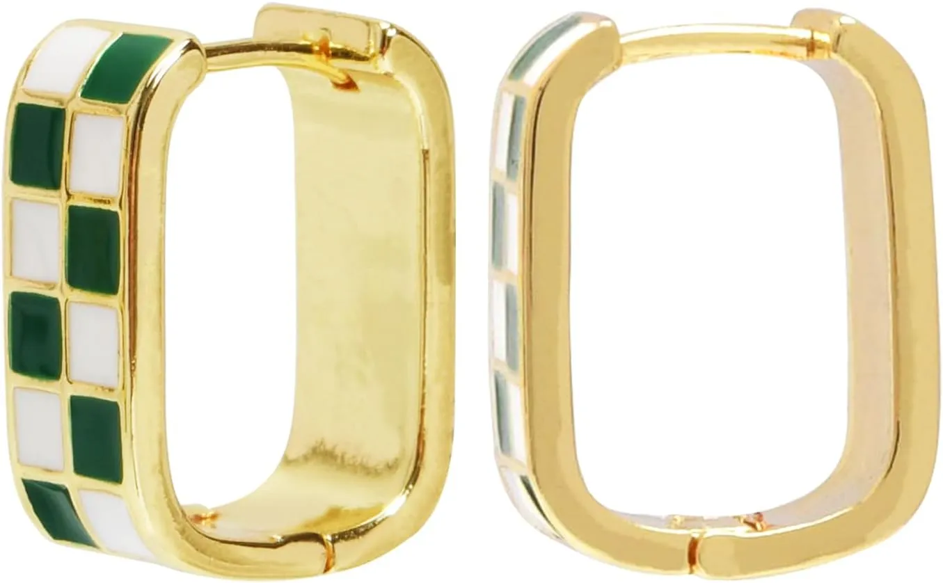 Dainty Checkered Hoop Earrings, 18K Gold Filled Enamel, Chunky Oval Hoops, Hypoallergenic Earrings