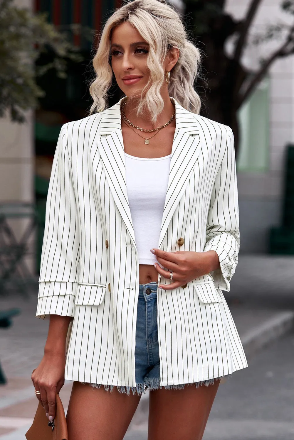 Double-Breasted Striped Long Sleeve Blazer