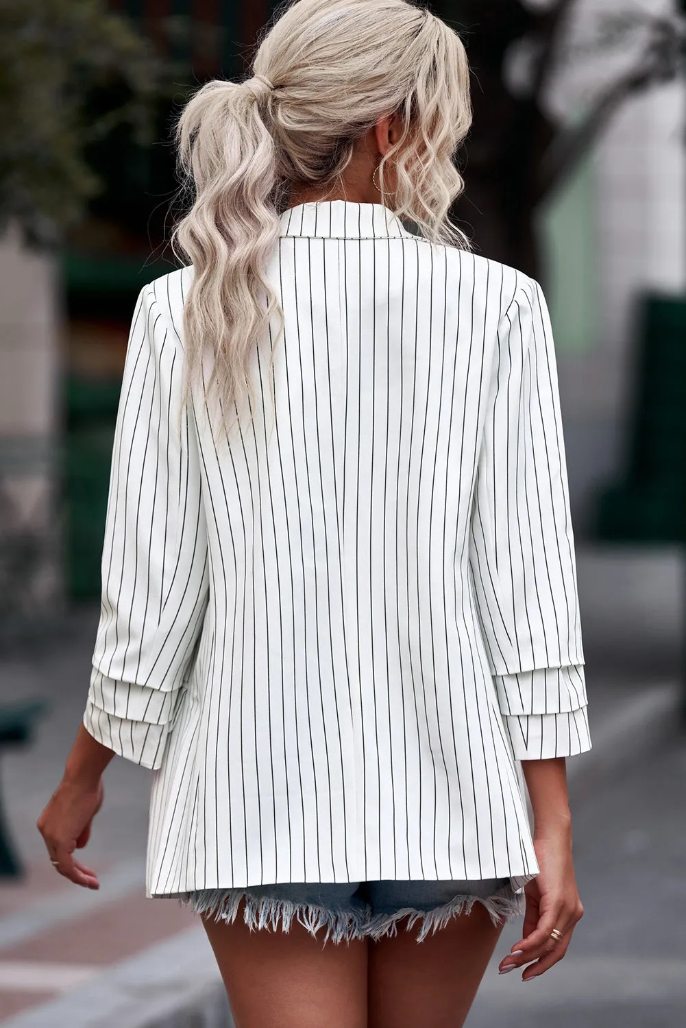 Double-Breasted Striped Long Sleeve Blazer