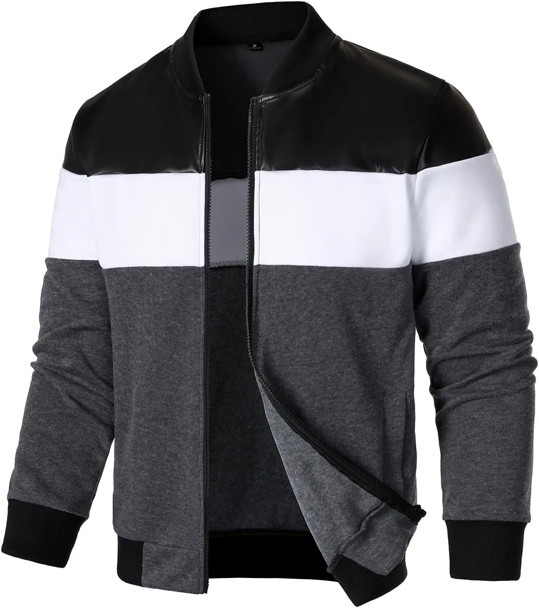 FANARCHER Mens Lightweight Bomber Jacket Casual Zipper Coat Color Block with Faux Leather Varsity Jacket