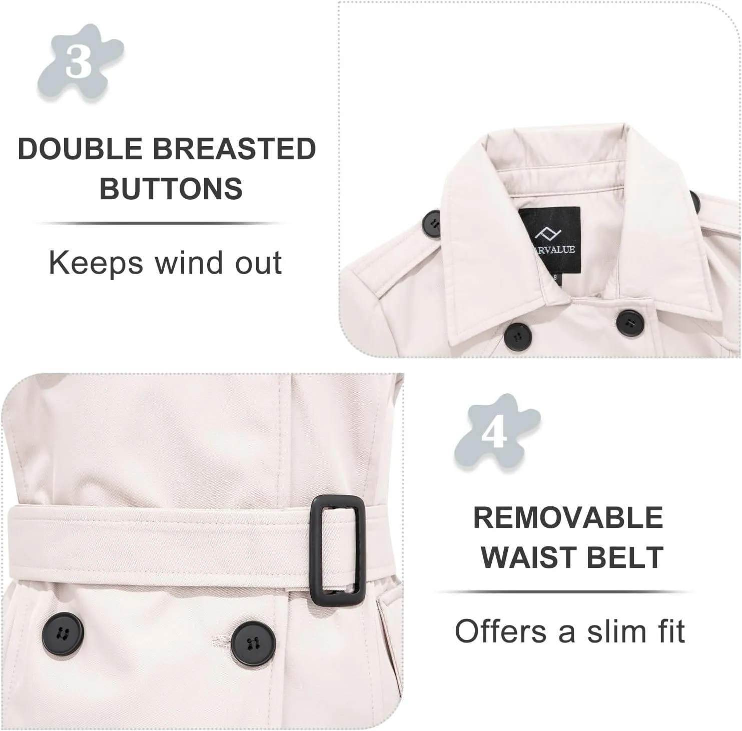 FARVALUE Women's Waterproof Trench Coat Double Breasted Windbreaker Classic Belted Lapel Overcoat with Removable Hood