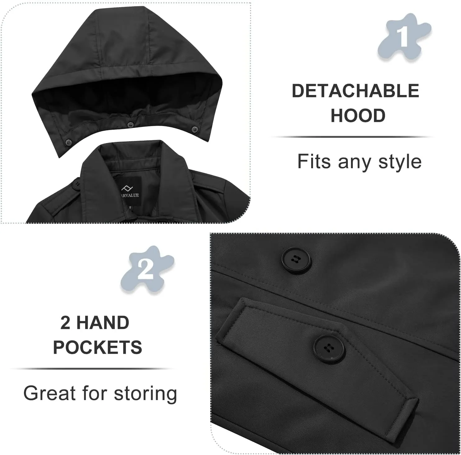 FARVALUE Women's Waterproof Trench Coat Double Breasted Windbreaker Classic Belted Lapel Overcoat with Removable Hood