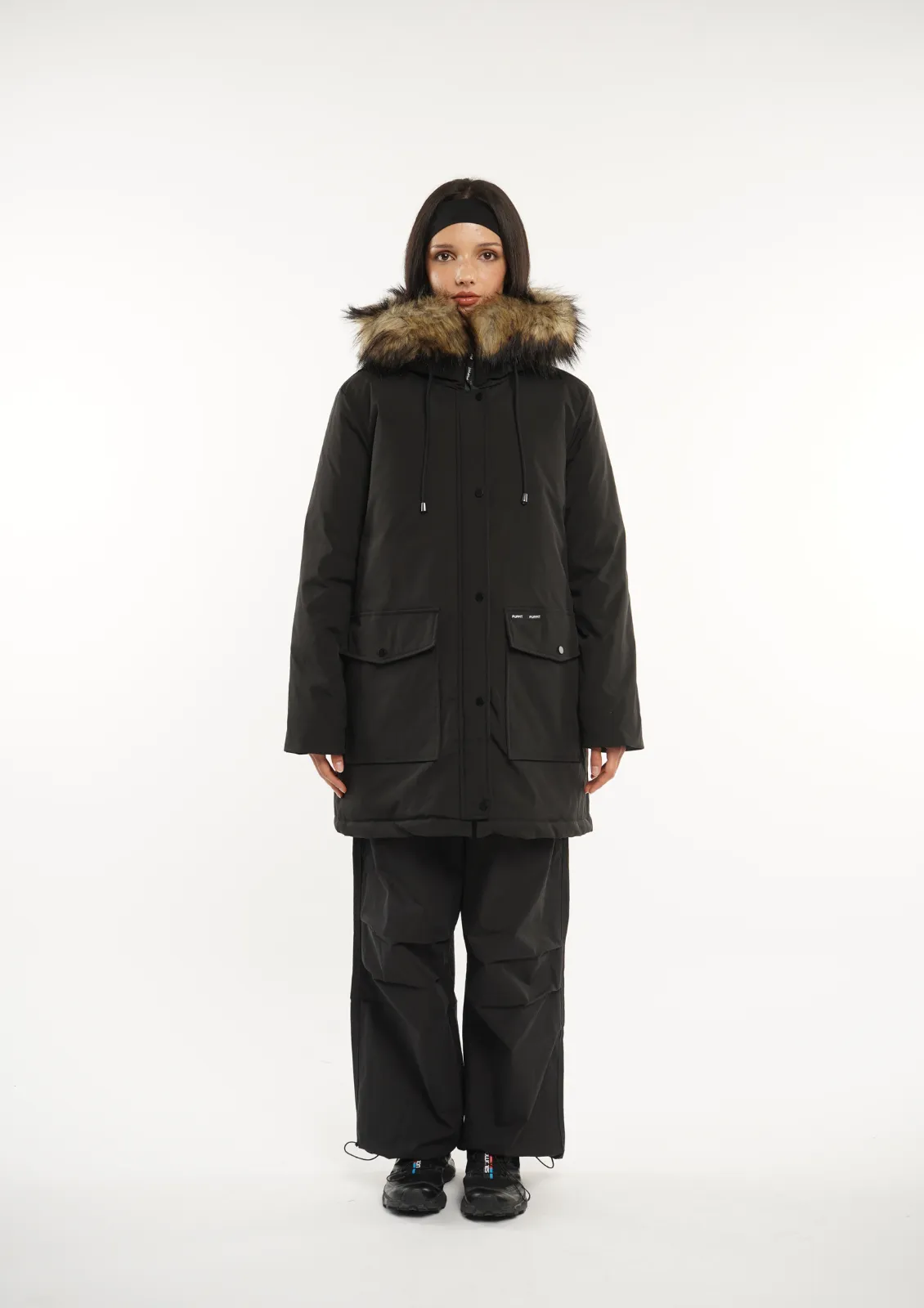 Faux Fur Mid-Length Hooded Parka With Large Pockets Splashproof