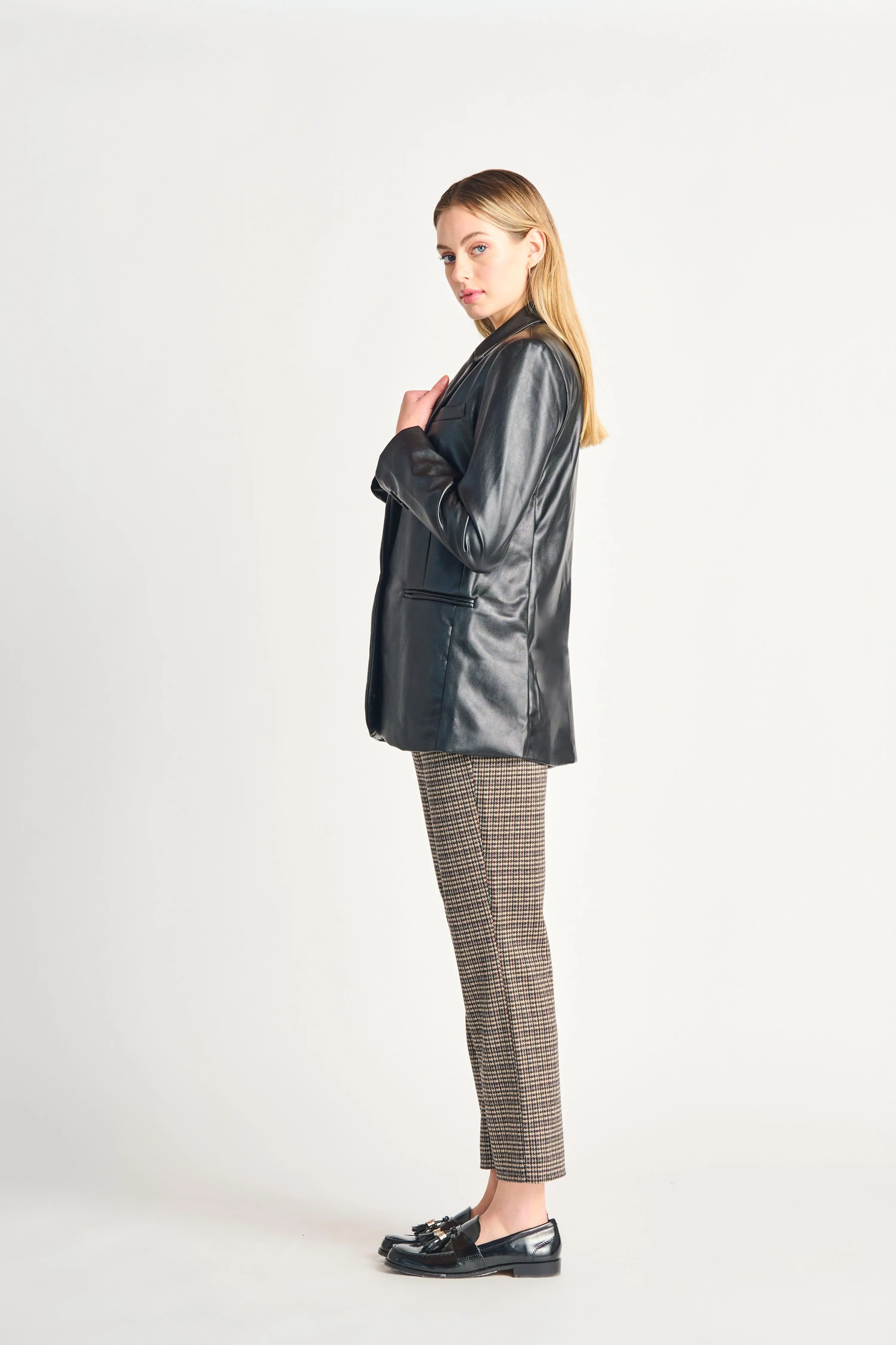 Faux Leather Blazer in Black