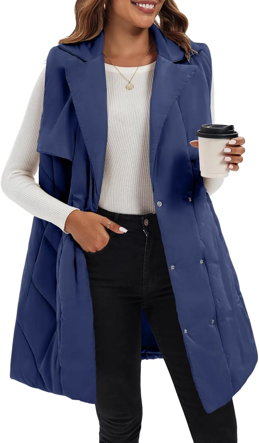 Fazortev Womens Long Quilted Puffer Vest Sleeveless Warm Down Jackets Coats with Pockets