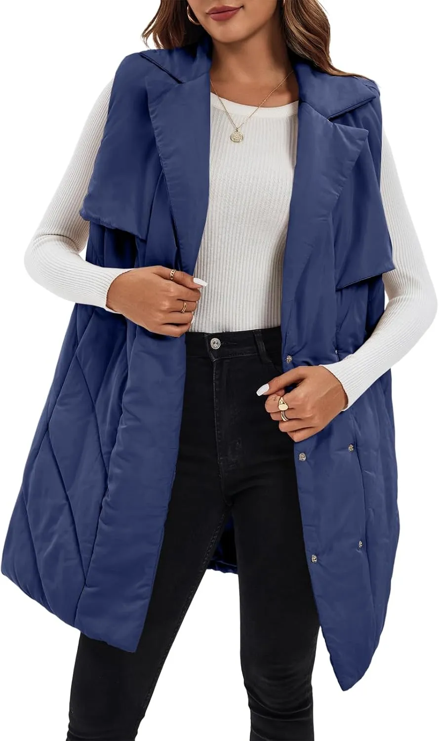 Fazortev Womens Long Quilted Puffer Vest Sleeveless Warm Down Jackets Coats with Pockets
