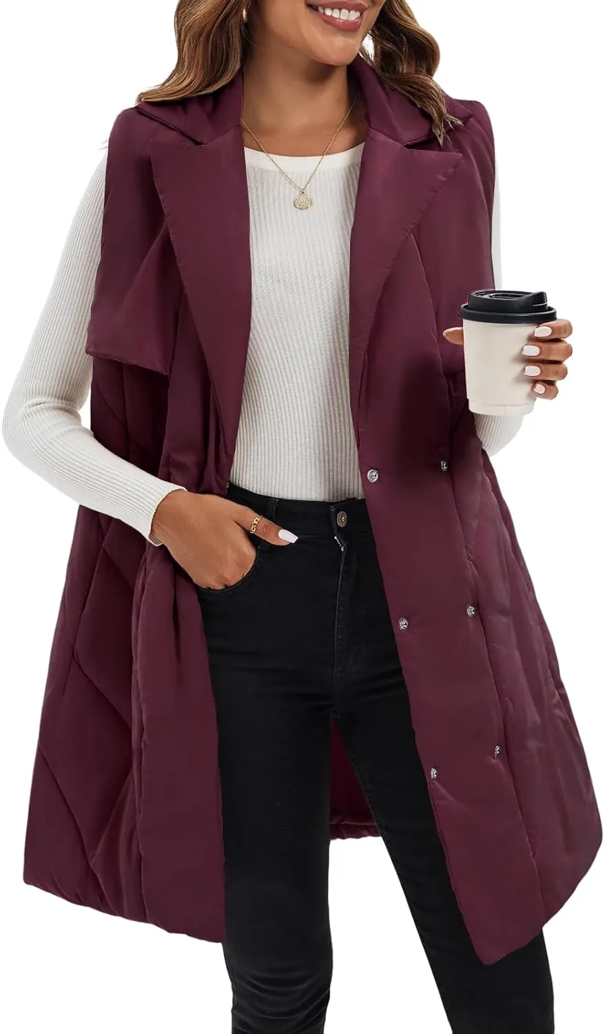 Fazortev Womens Long Quilted Puffer Vest Sleeveless Warm Down Jackets Coats with Pockets