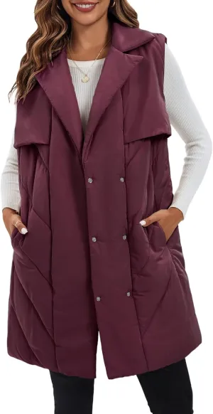 Fazortev Womens Long Quilted Puffer Vest Sleeveless Warm Down Jackets Coats with Pockets