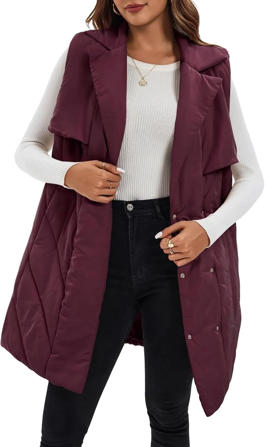 Fazortev Womens Long Quilted Puffer Vest Sleeveless Warm Down Jackets Coats with Pockets