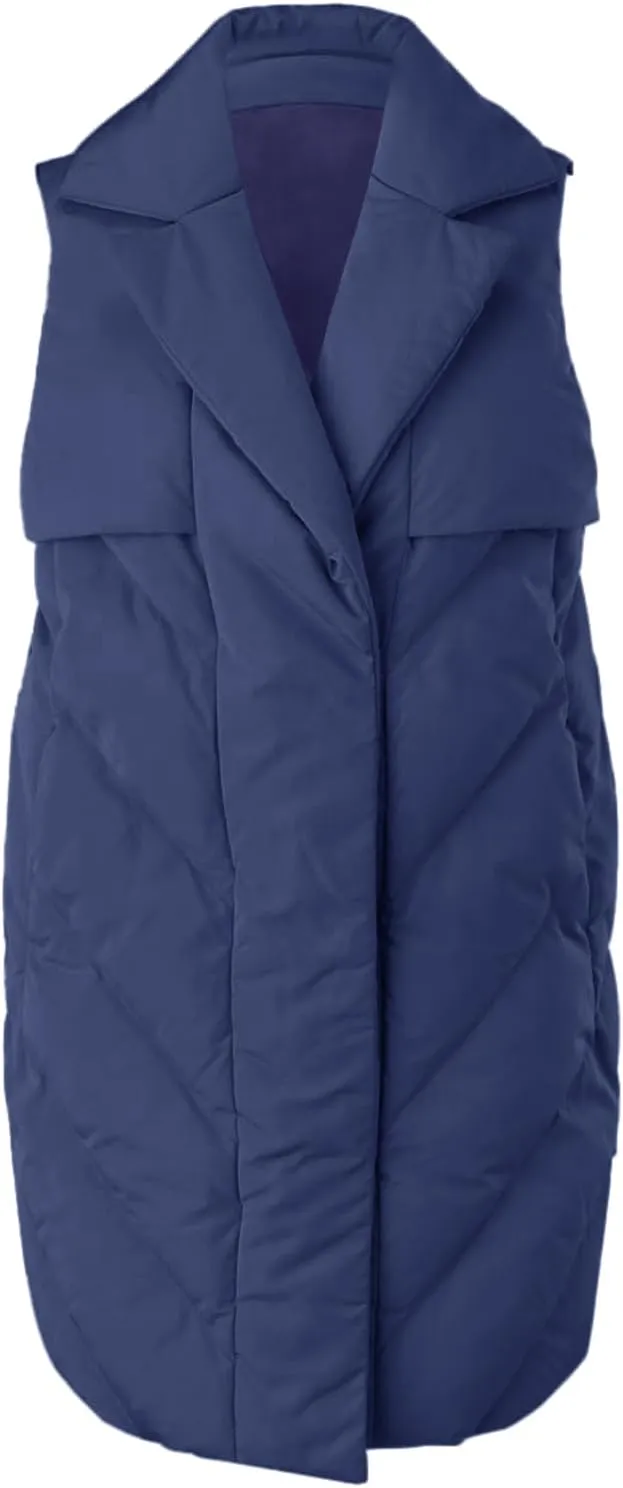 Fazortev Womens Long Quilted Puffer Vest Sleeveless Warm Down Jackets Coats with Pockets