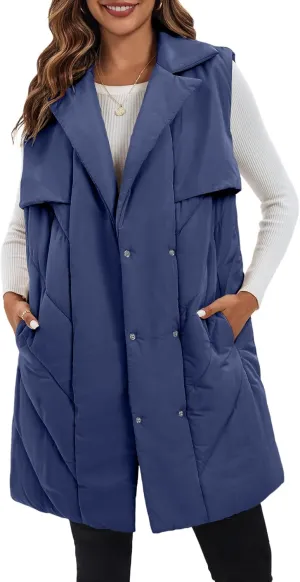 Fazortev Womens Long Quilted Puffer Vest Sleeveless Warm Down Jackets Coats with Pockets