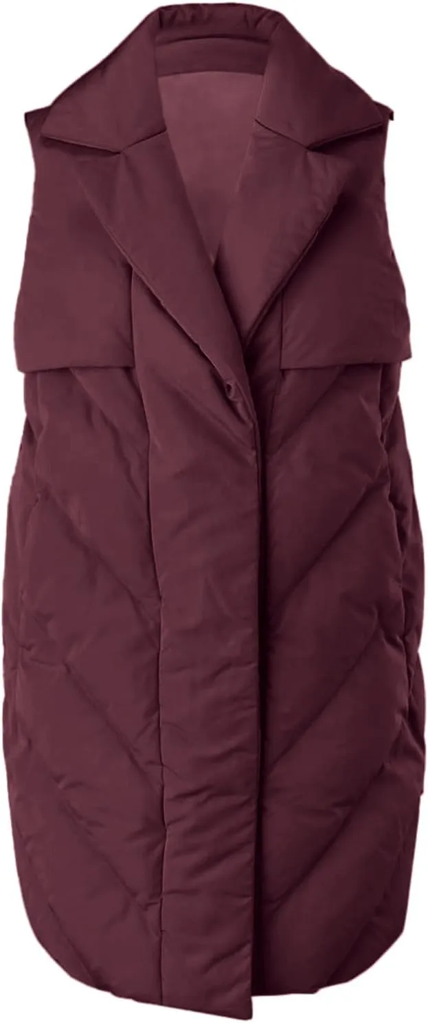 Fazortev Womens Long Quilted Puffer Vest Sleeveless Warm Down Jackets Coats with Pockets