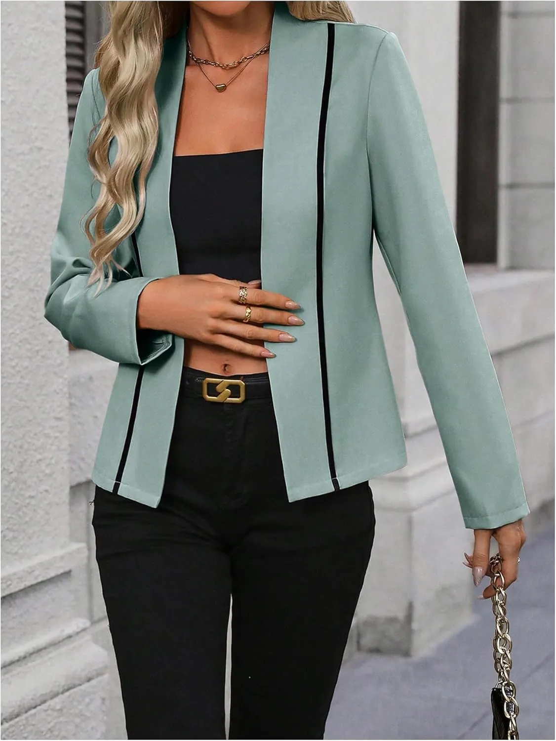Floerns Women's Elegant Casual Color Block Long Sleeve Open Front Blazer Jacket