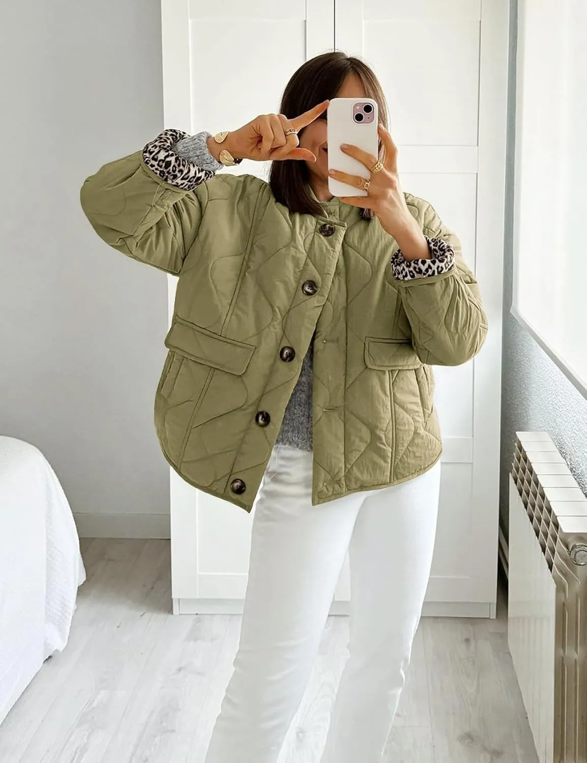 Flygo Women's Casual Quilted Puffer Jacket Leopard Lined Collarless Cropped Button Down Winter Warm Lightweight Bomber Coat
