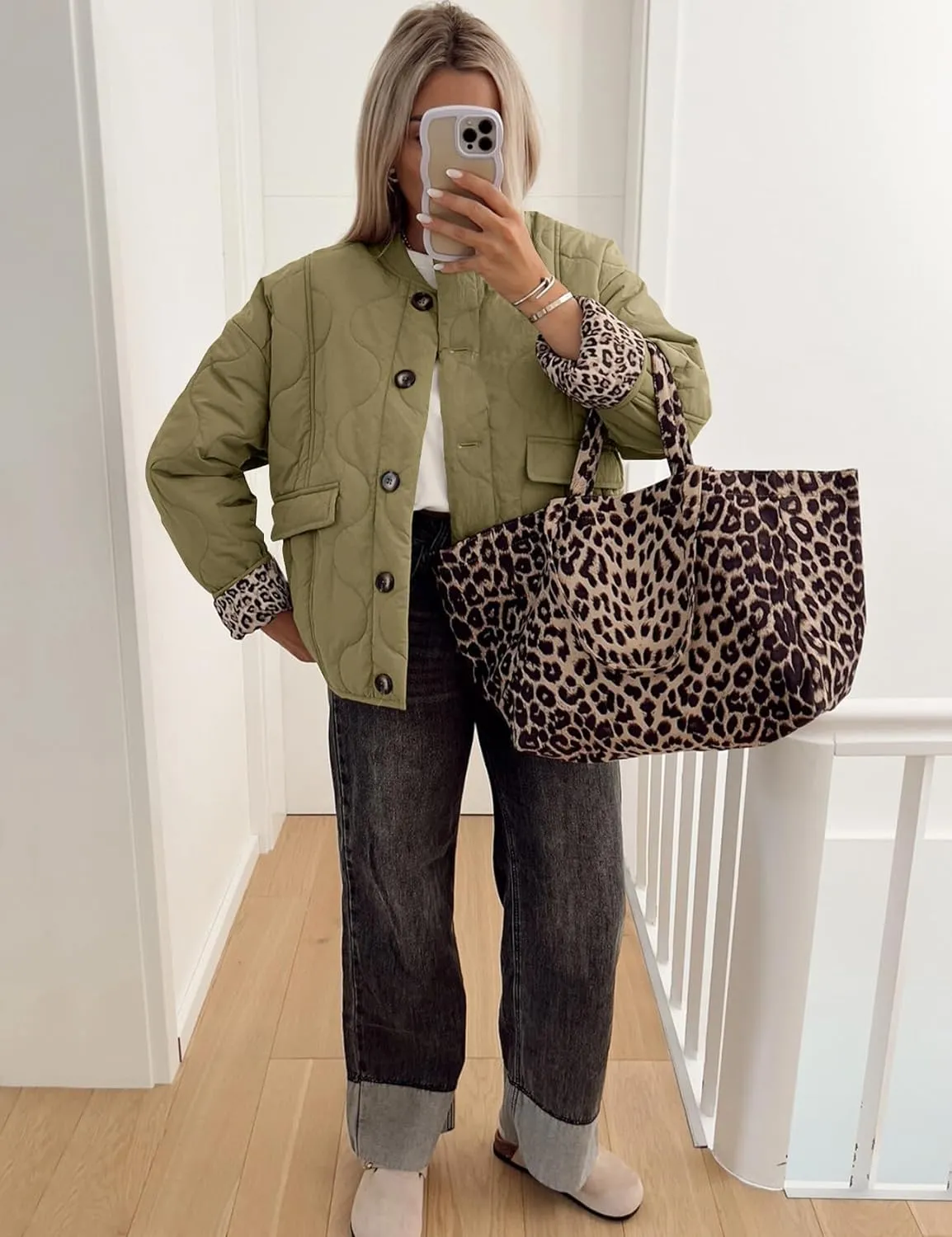 Flygo Women's Casual Quilted Puffer Jacket Leopard Lined Collarless Cropped Button Down Winter Warm Lightweight Bomber Coat