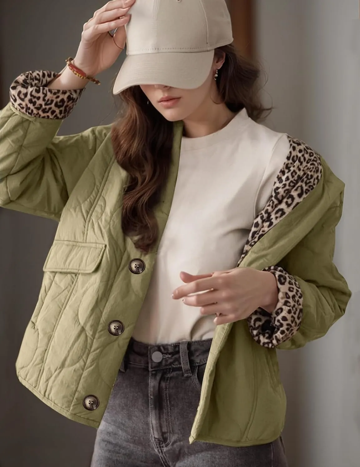 Flygo Women's Casual Quilted Puffer Jacket Leopard Lined Collarless Cropped Button Down Winter Warm Lightweight Bomber Coat