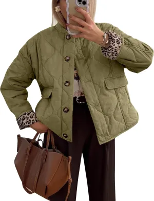 Flygo Women's Casual Quilted Puffer Jacket Leopard Lined Collarless Cropped Button Down Winter Warm Lightweight Bomber Coat
