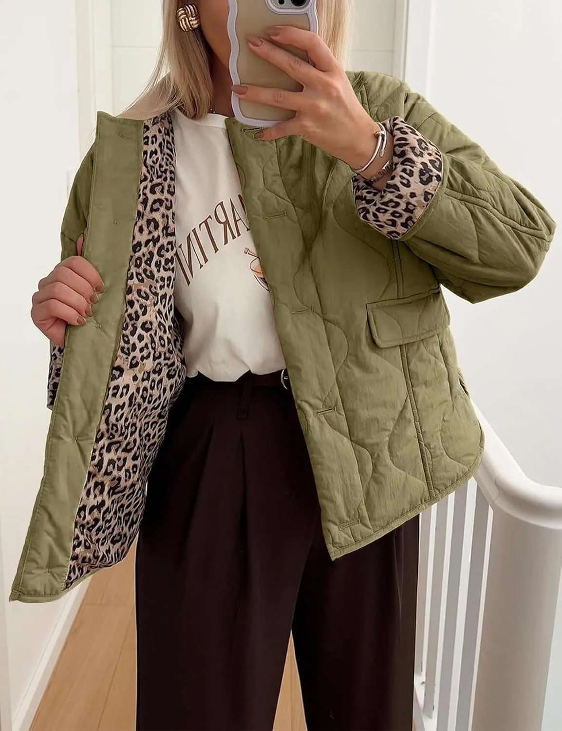 Flygo Women's Casual Quilted Puffer Jacket Leopard Lined Collarless Cropped Button Down Winter Warm Lightweight Bomber Coat