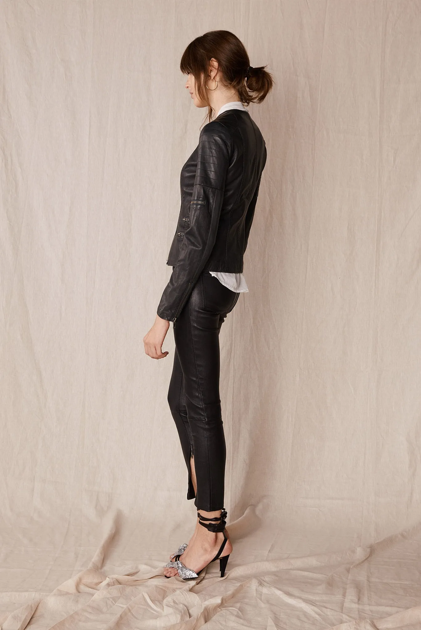 Greenwich Street Motor Jacket Worn In Charcoal Leather - SAMPLE