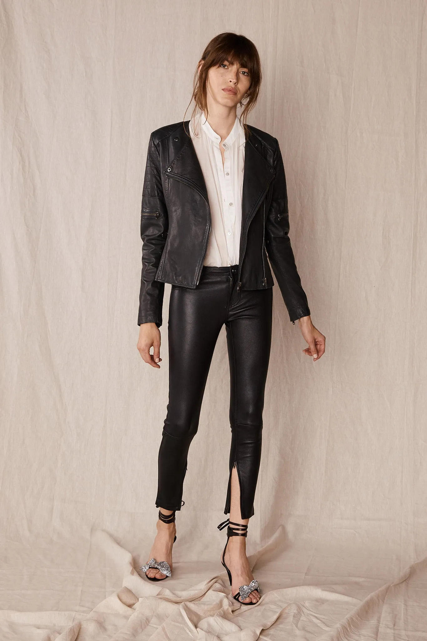 Greenwich Street Motor Jacket Worn In Charcoal Leather - SAMPLE