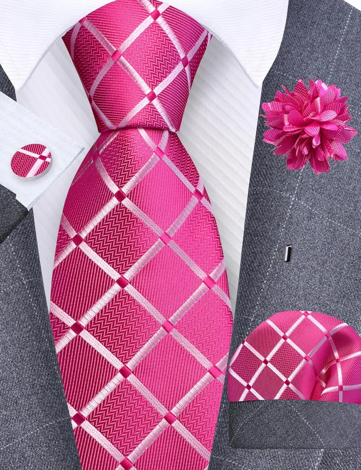 GUSLESON 3.15"8cm Mens Tie and Lapel Pin Plaid Checkered Necktie Hankerchief Cufflinks Set for Men
