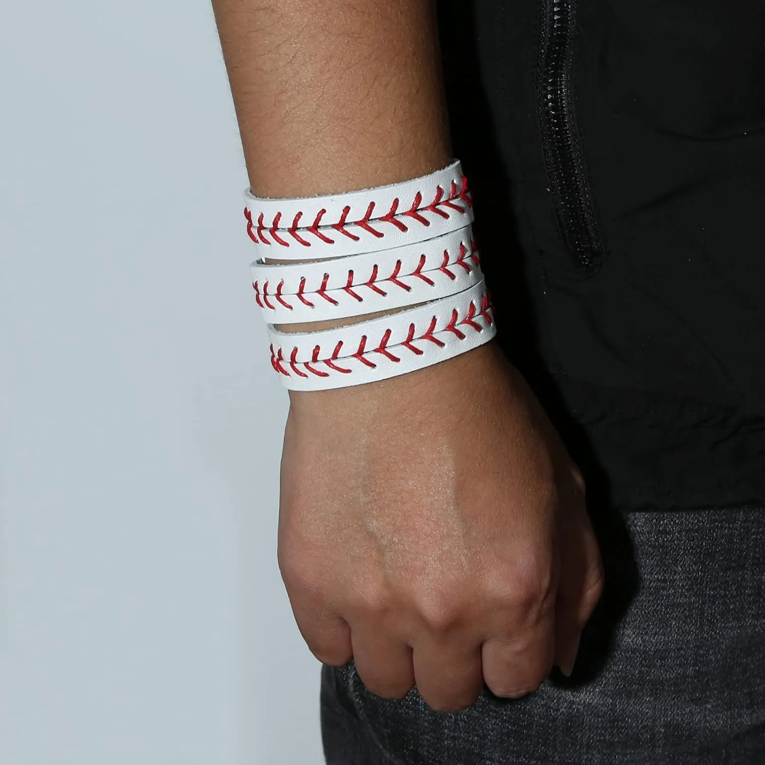 HZMAN 3Pcs Genuine Leather Baseball Bracelets by Athletes Bangle Cuff Wristband, White Black Yellow