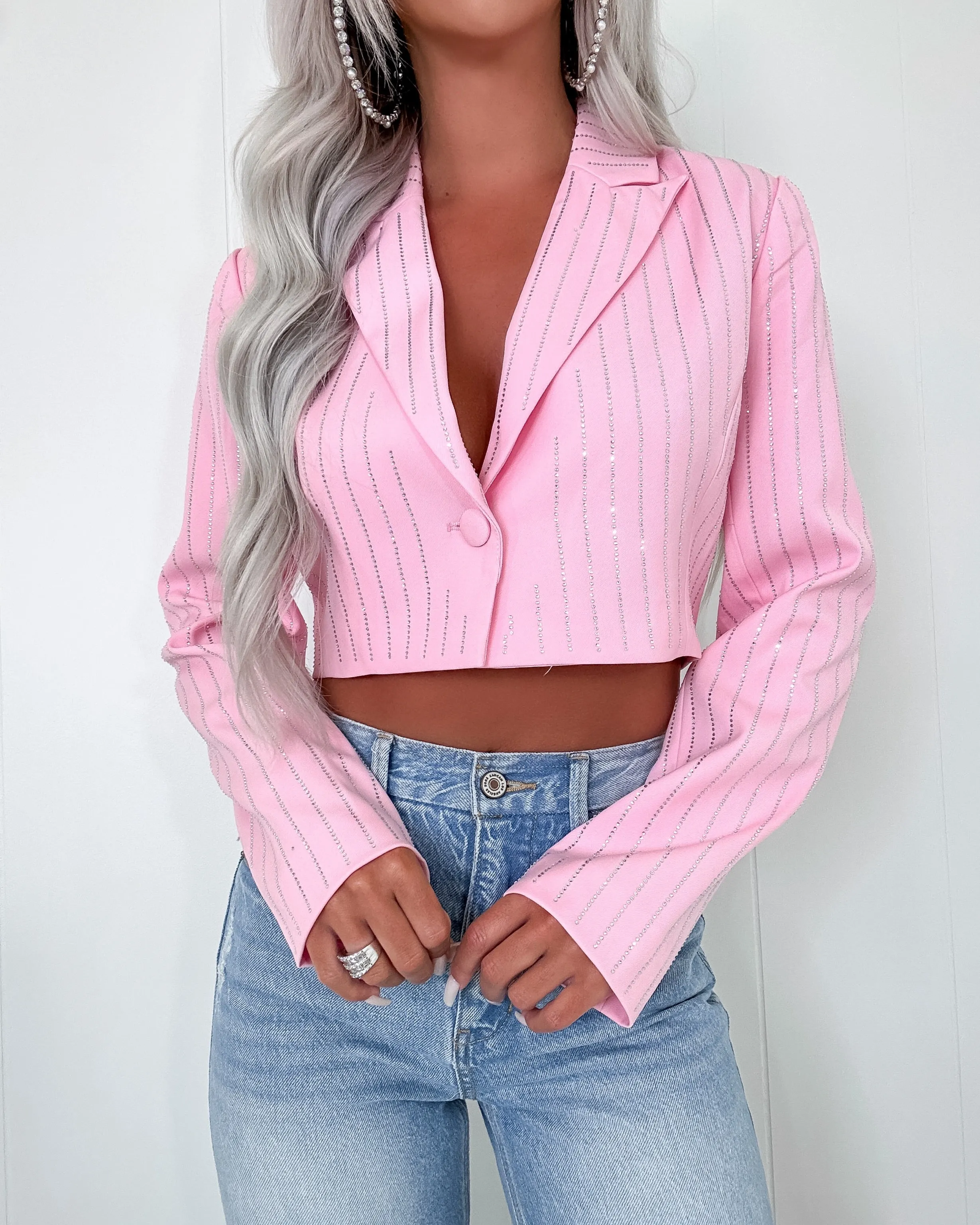 In Session Rhinestone Pin Striped Cropped Blazer - Pink