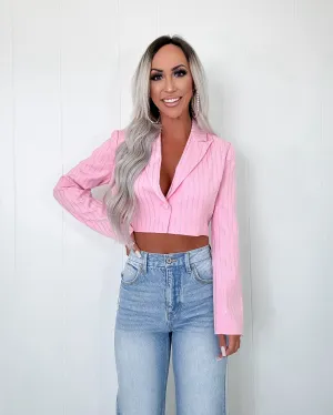 In Session Rhinestone Pin Striped Cropped Blazer - Pink
