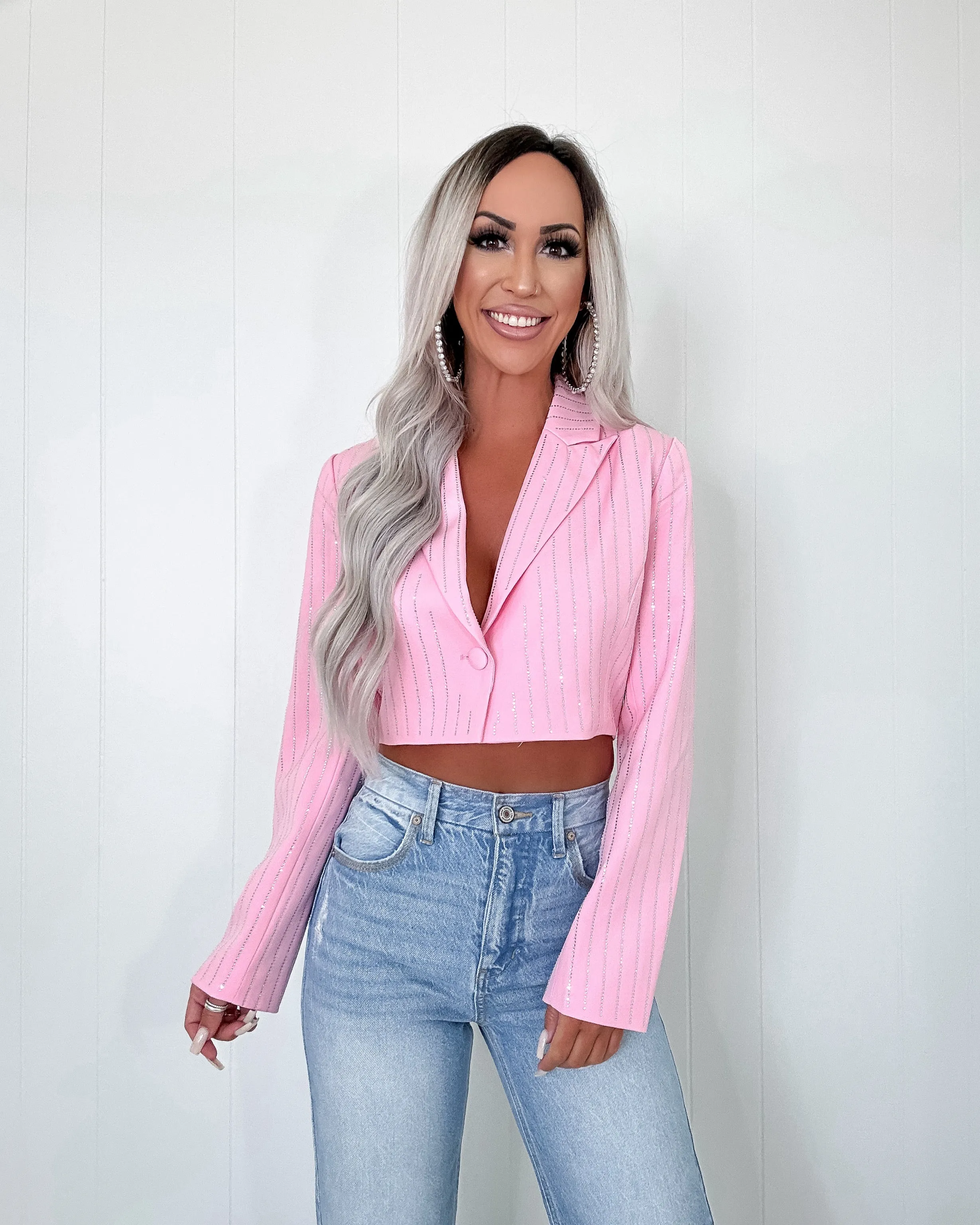 In Session Rhinestone Pin Striped Cropped Blazer - Pink