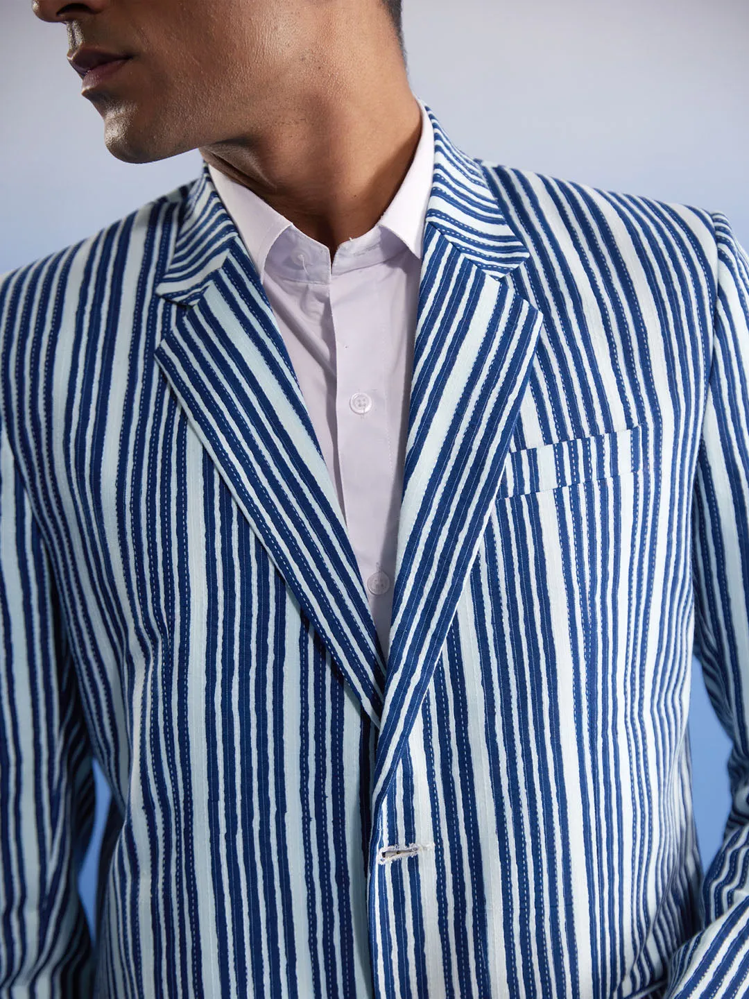 Jashvi Men's Blue And White Striped Blazer