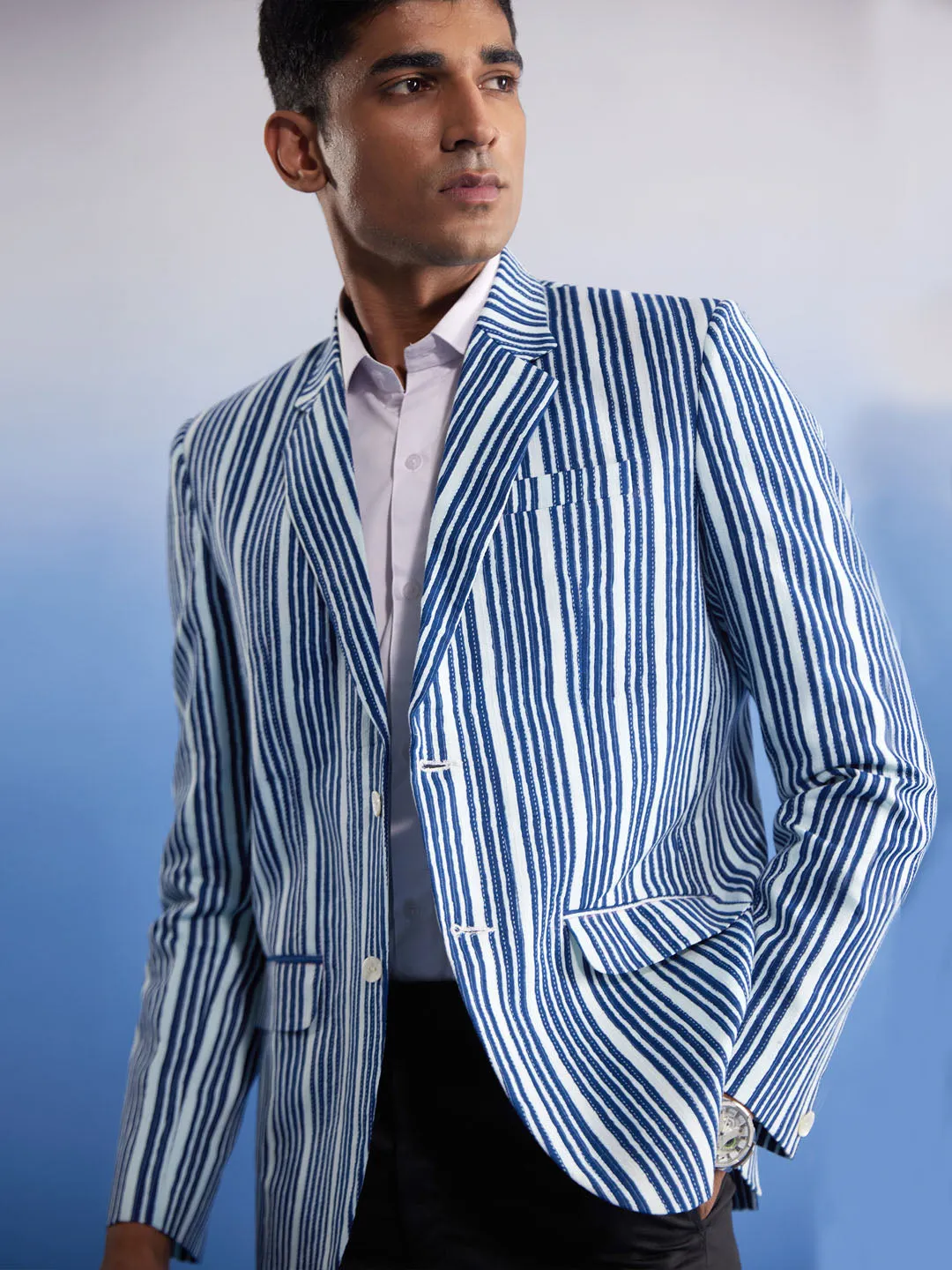Jashvi Men's Blue And White Striped Blazer