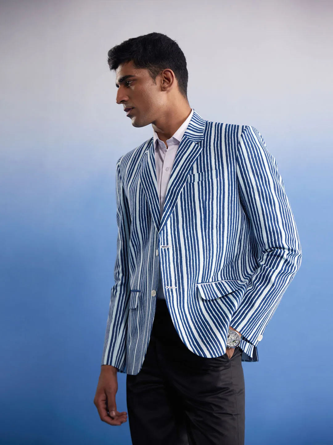 Jashvi Men's Blue And White Striped Blazer