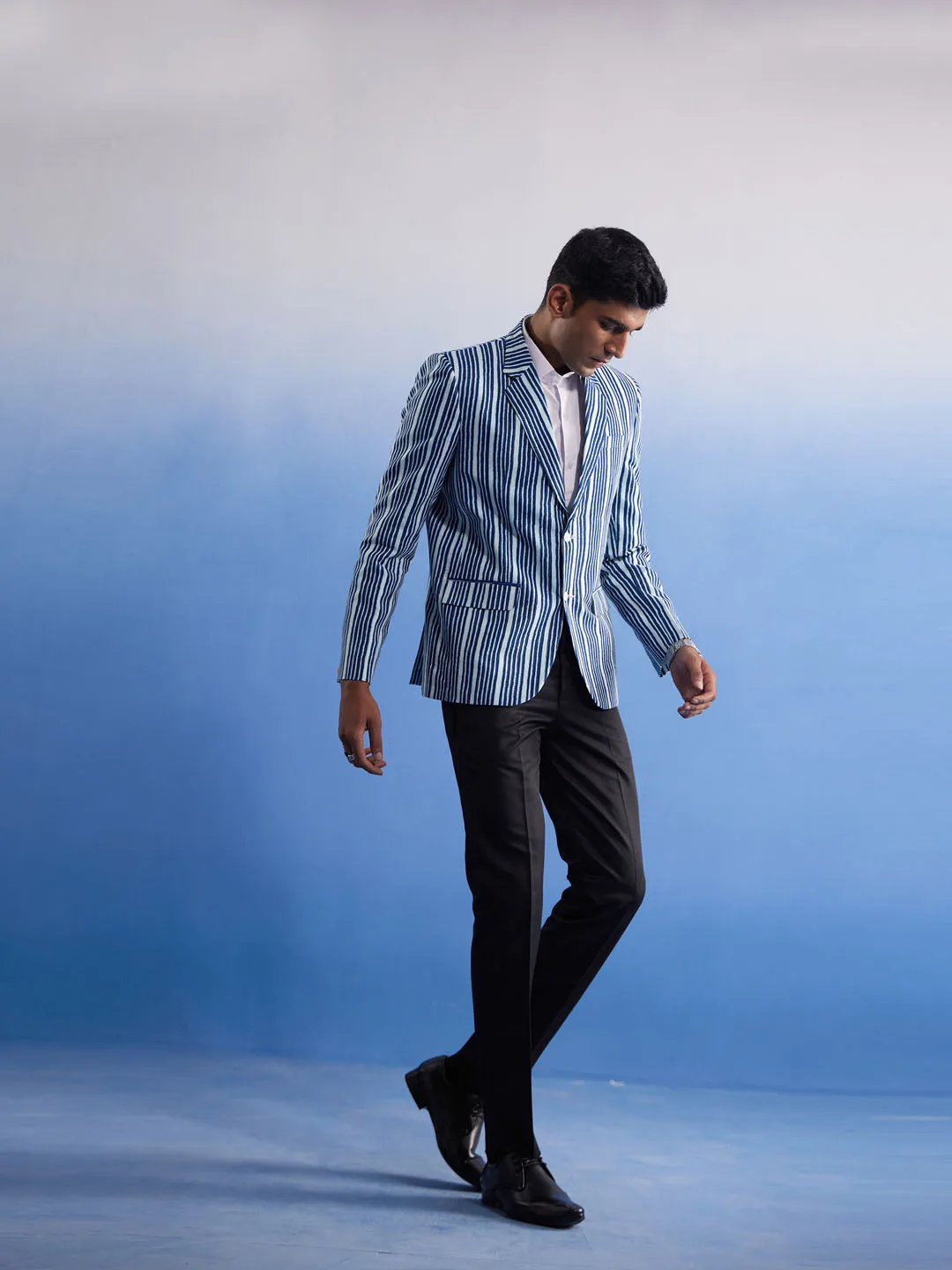 Jashvi Men's Blue And White Striped Blazer
