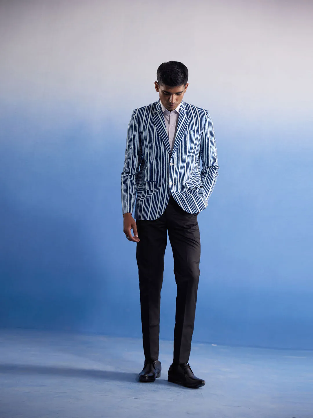 Jashvi Men's Blue And White Striped Blazer