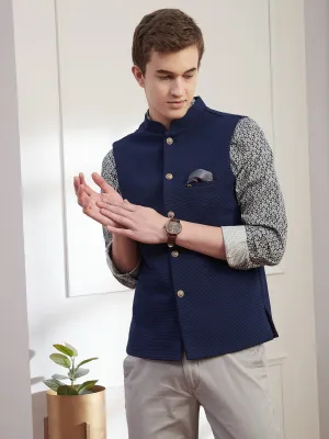Knitted Terry Rayon Blue Dobby Slim Fit Sleeve Less Ceremonial Nehru Jacket